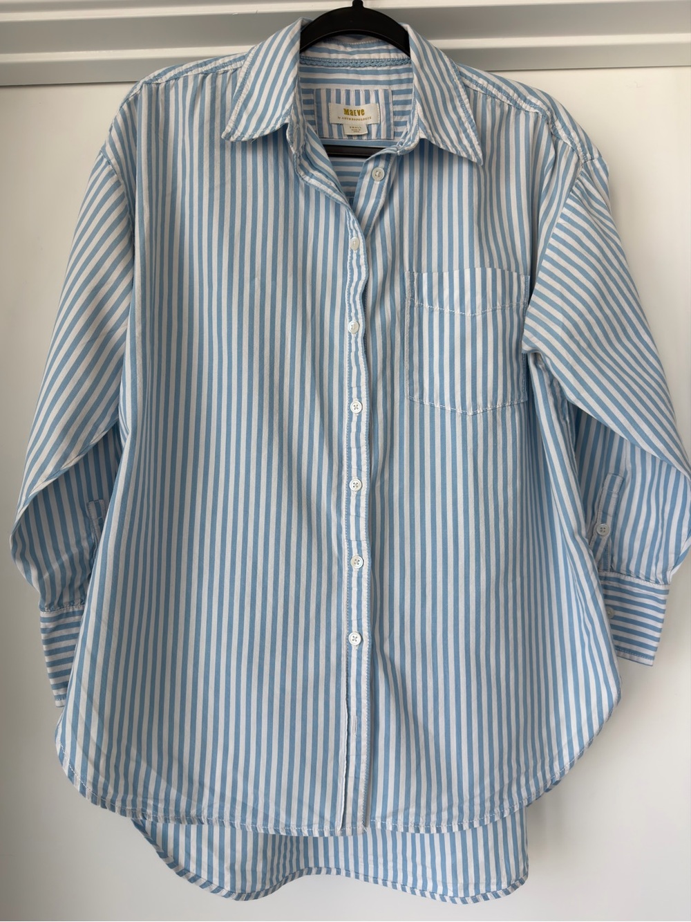 Maeve Anthropologie Blue & White Striped Button-Up Shirt | Cotton | Capsule - Picture 6 of 10